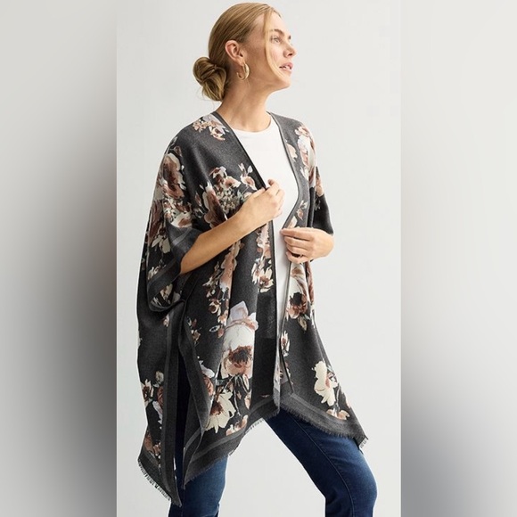 Nine West Other - Nine West Brushed Fabric Black Tan Floral Neutral Kimono Wrap NWT